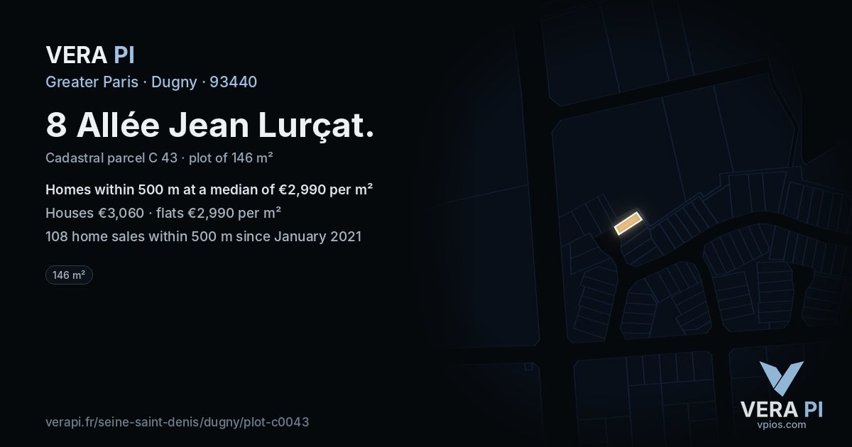 8 Allée Jean Lurçat, Dugny at night – the plot lit, the parcels around coloured by the prices near them
