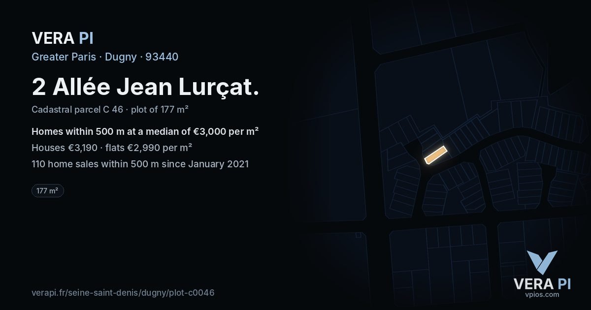 2 Allée Jean Lurçat, Dugny at night – the plot lit, the parcels around coloured by the prices near them