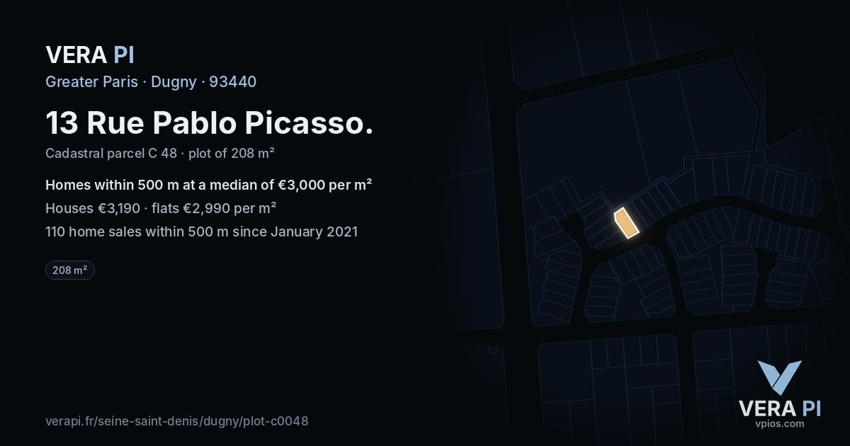 13 Rue Pablo Picasso, Dugny at night – the plot lit, the parcels around coloured by the prices near them