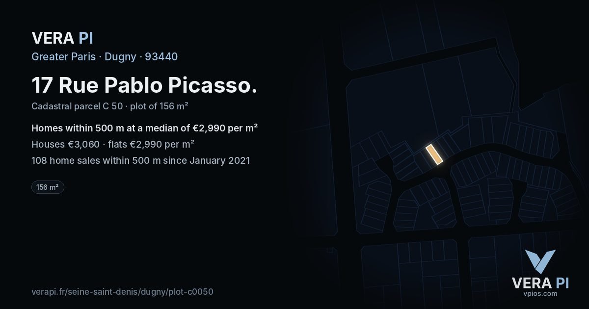 17 Rue Pablo Picasso, Dugny at night – the plot lit, the parcels around coloured by the prices near them