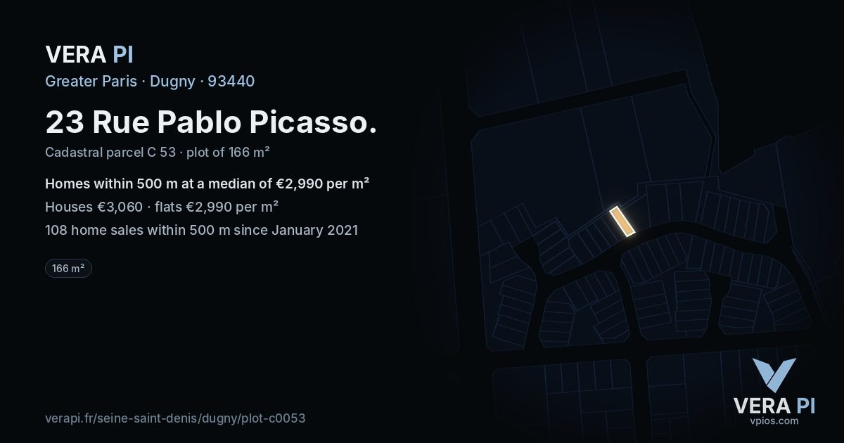 23 Rue Pablo Picasso, Dugny at night – the plot lit, the parcels around coloured by the prices near them