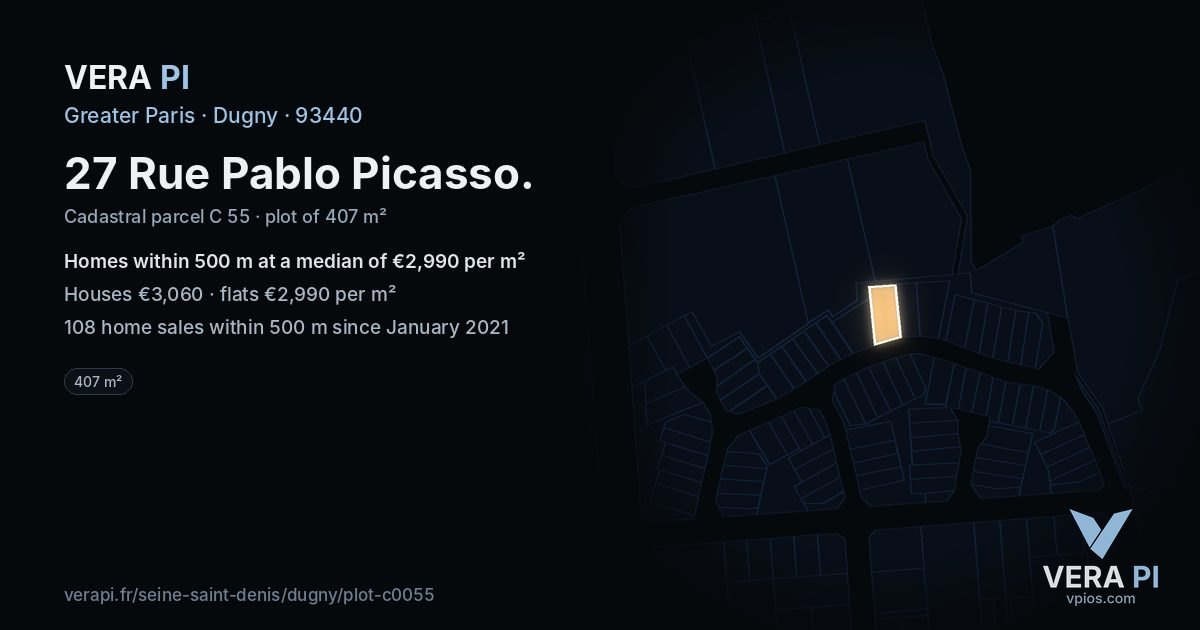 27 Rue Pablo Picasso, Dugny at night – the plot lit, the parcels around coloured by the prices near them