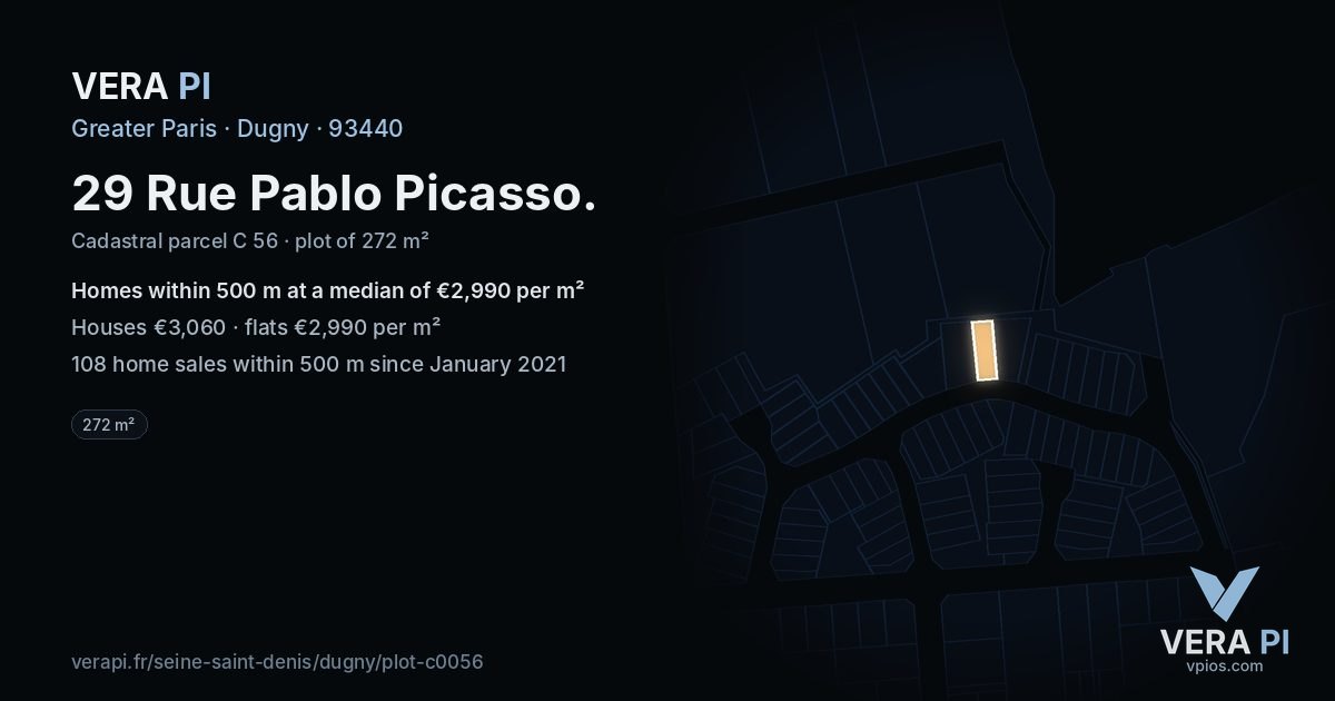 29 Rue Pablo Picasso, Dugny at night – the plot lit, the parcels around coloured by the prices near them