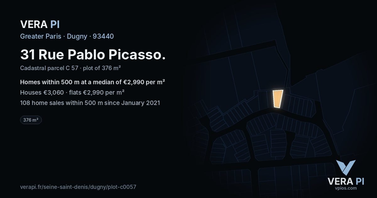31 Rue Pablo Picasso, Dugny at night – the plot lit, the parcels around coloured by the prices near them