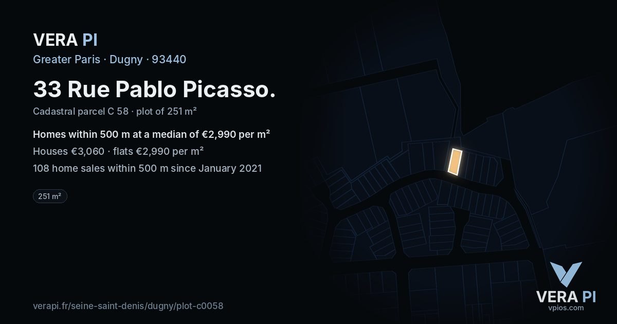 33 Rue Pablo Picasso, Dugny at night – the plot lit, the parcels around coloured by the prices near them