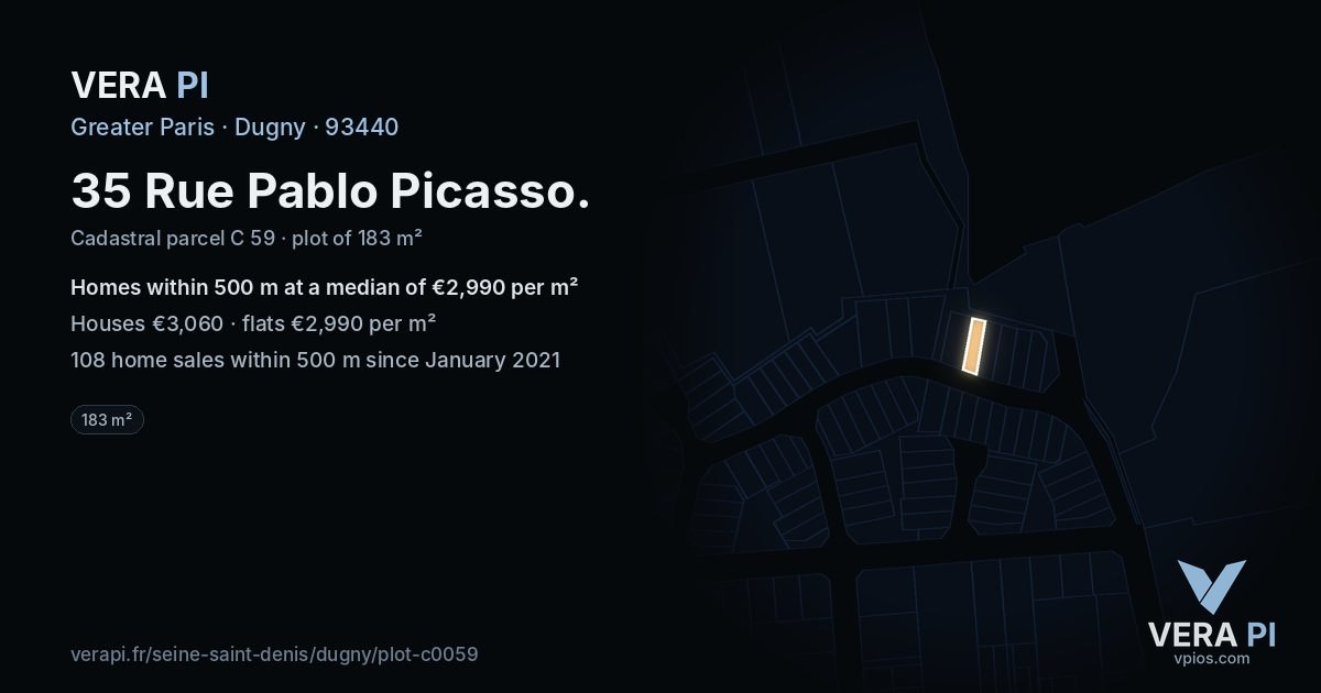 35 Rue Pablo Picasso, Dugny at night – the plot lit, the parcels around coloured by the prices near them