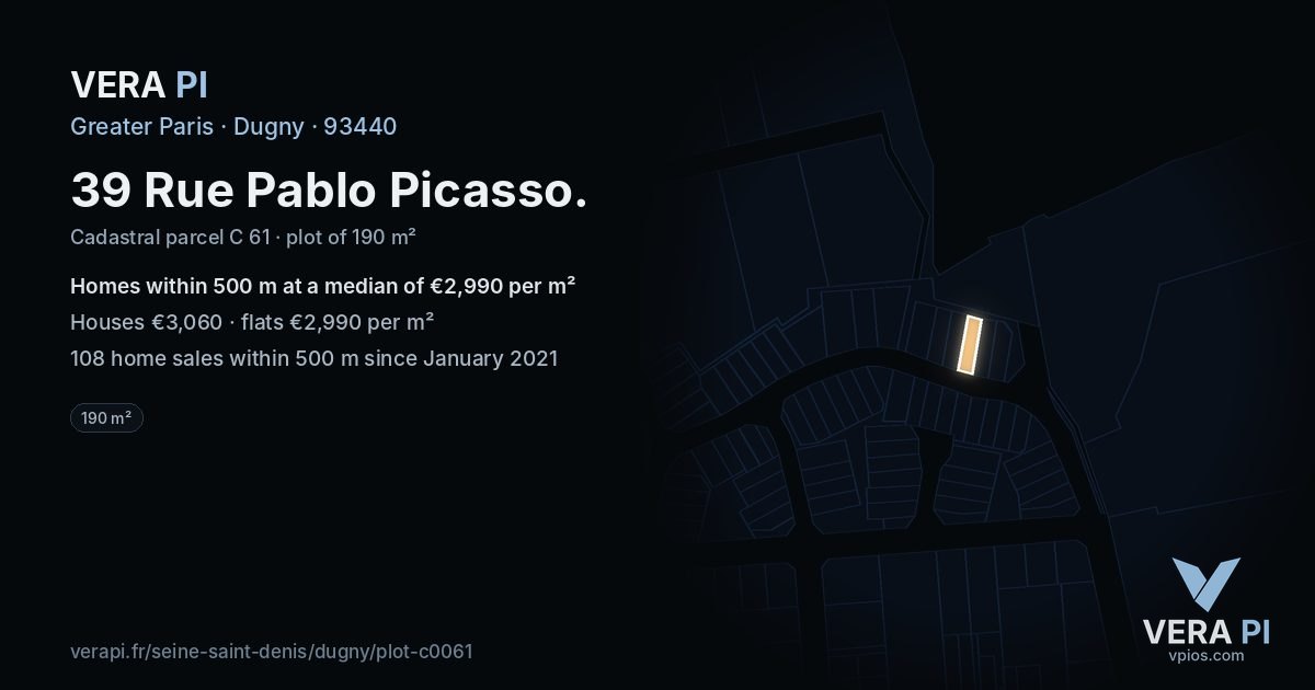 39 Rue Pablo Picasso, Dugny at night – the plot lit, the parcels around coloured by the prices near them