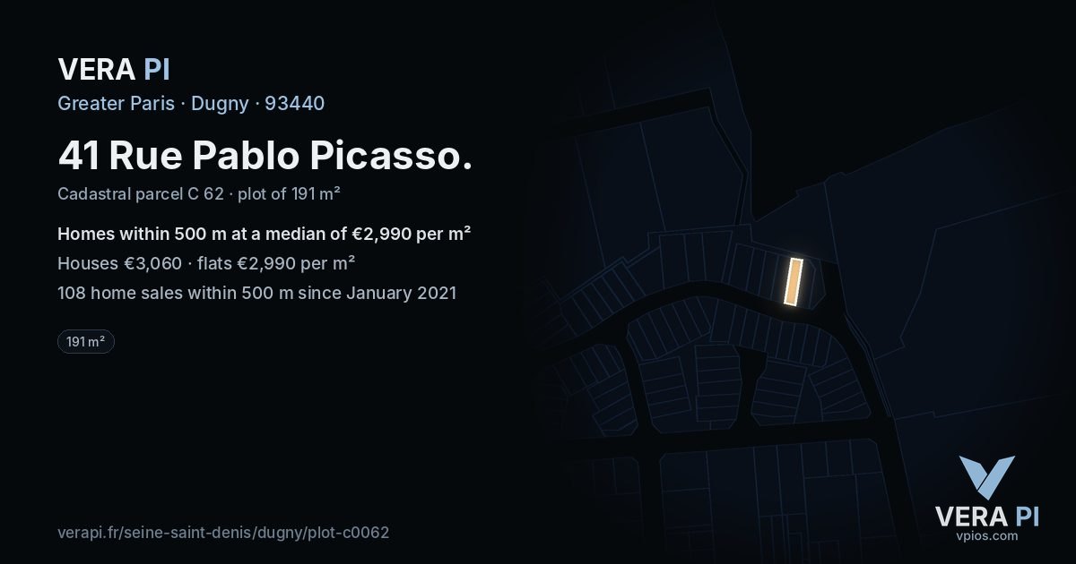 41 Rue Pablo Picasso, Dugny at night – the plot lit, the parcels around coloured by the prices near them