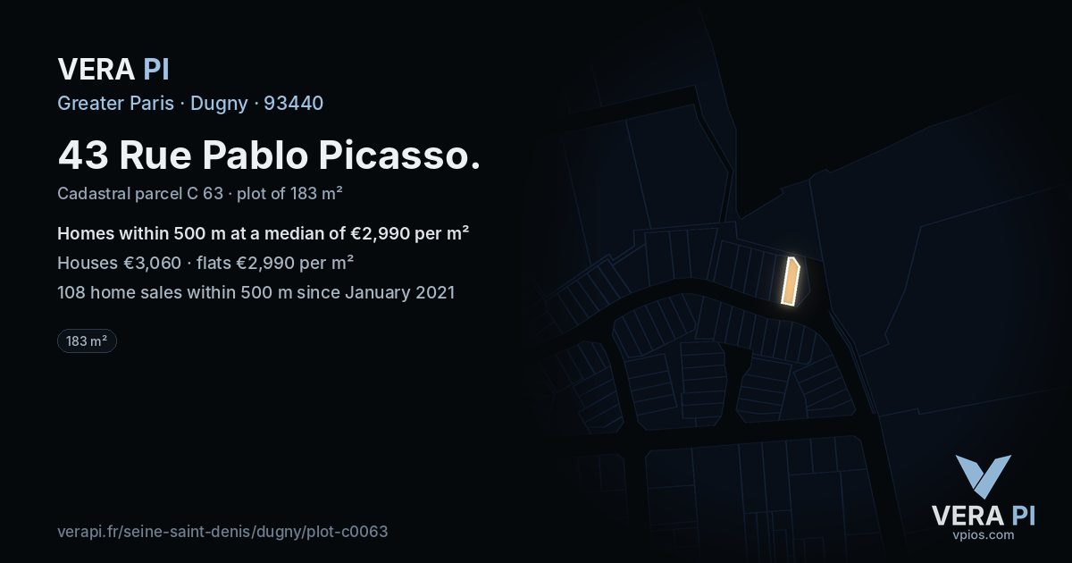 43 Rue Pablo Picasso, Dugny at night – the plot lit, the parcels around coloured by the prices near them