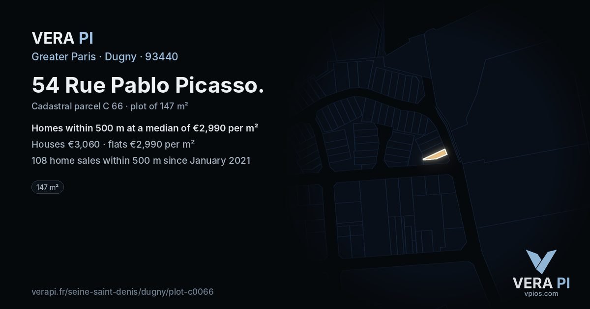 54 Rue Pablo Picasso, Dugny at night – the plot lit, the parcels around coloured by the prices near them