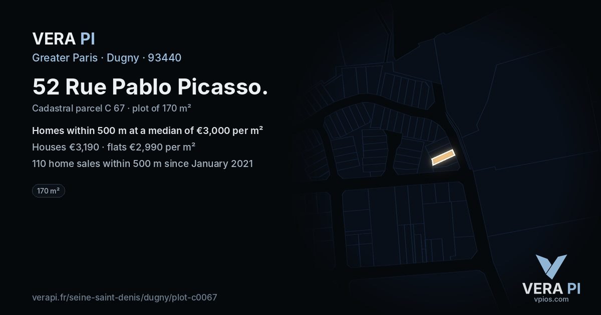 52 Rue Pablo Picasso, Dugny at night – the plot lit, the parcels around coloured by the prices near them