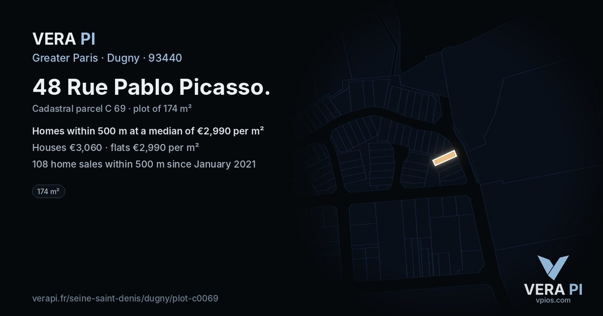48 Rue Pablo Picasso, Dugny at night – the plot lit, the parcels around coloured by the prices near them