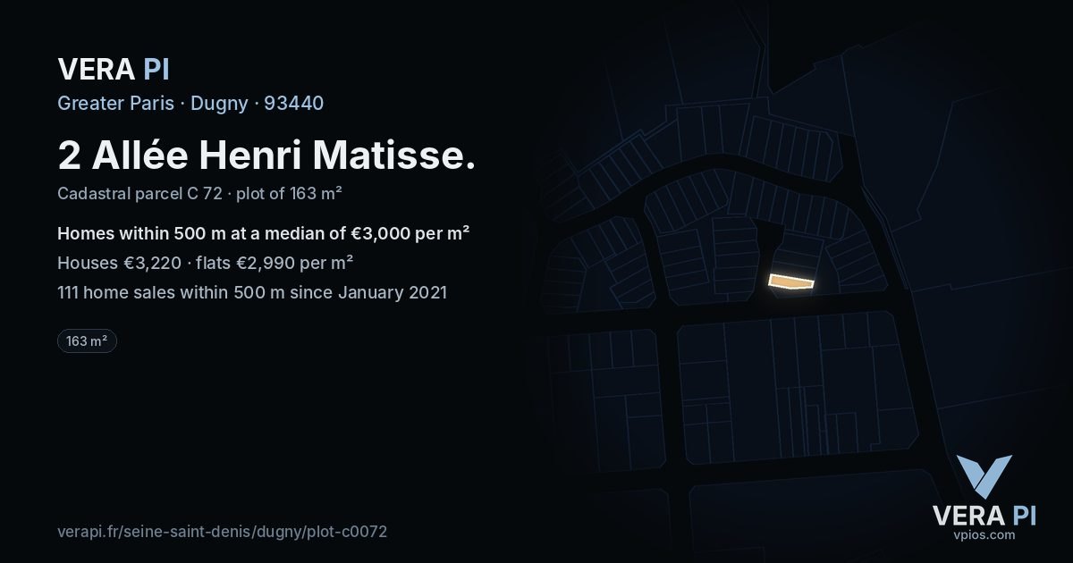 2 Allée Henri Matisse, Dugny at night – the plot lit, the parcels around coloured by the prices near them