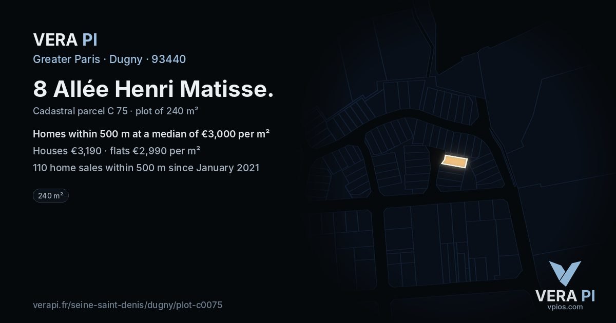 8 Allée Henri Matisse, Dugny at night – the plot lit, the parcels around coloured by the prices near them