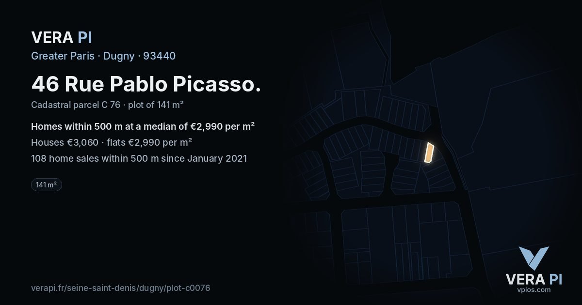 46 Rue Pablo Picasso, Dugny at night – the plot lit, the parcels around coloured by the prices near them