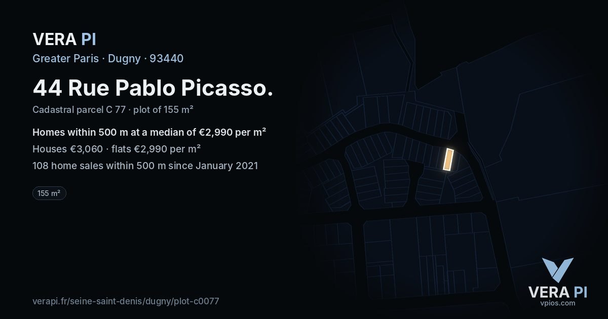 44 Rue Pablo Picasso, Dugny at night – the plot lit, the parcels around coloured by the prices near them