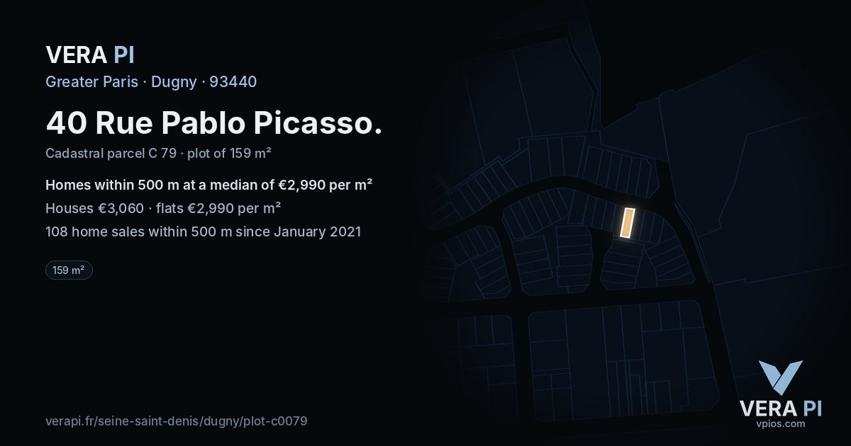 40 Rue Pablo Picasso, Dugny at night – the plot lit, the parcels around coloured by the prices near them