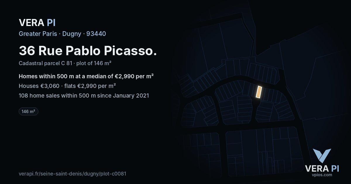 36 Rue Pablo Picasso, Dugny at night – the plot lit, the parcels around coloured by the prices near them