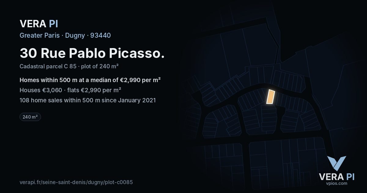 30 Rue Pablo Picasso, Dugny at night – the plot lit, the parcels around coloured by the prices near them
