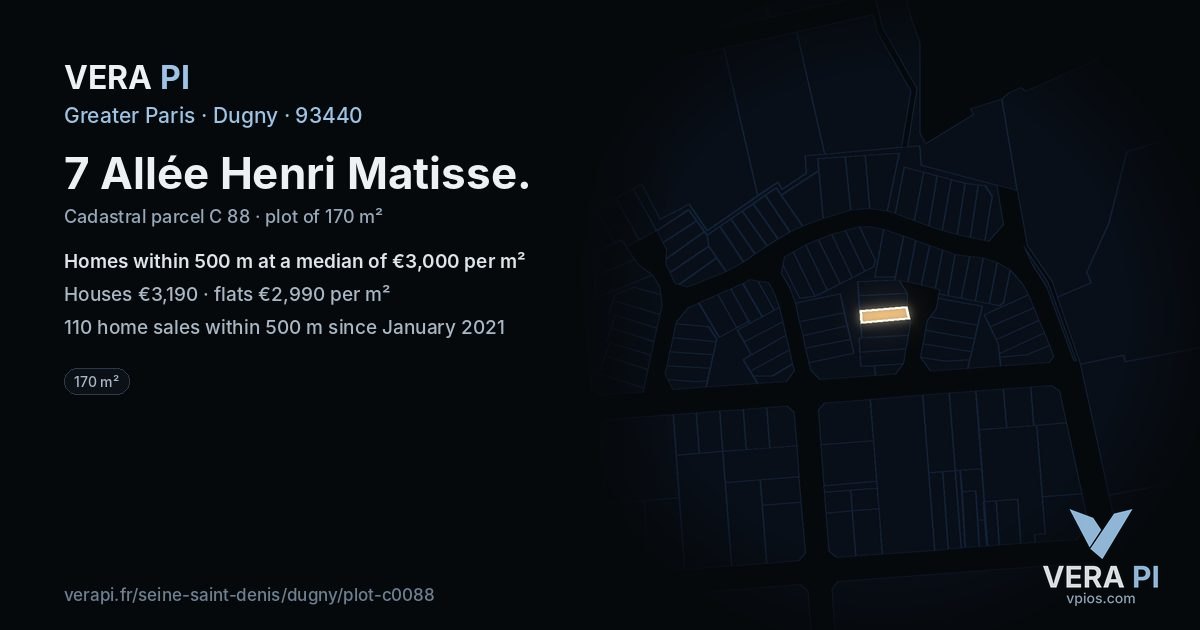 7 Allée Henri Matisse, Dugny at night – the plot lit, the parcels around coloured by the prices near them