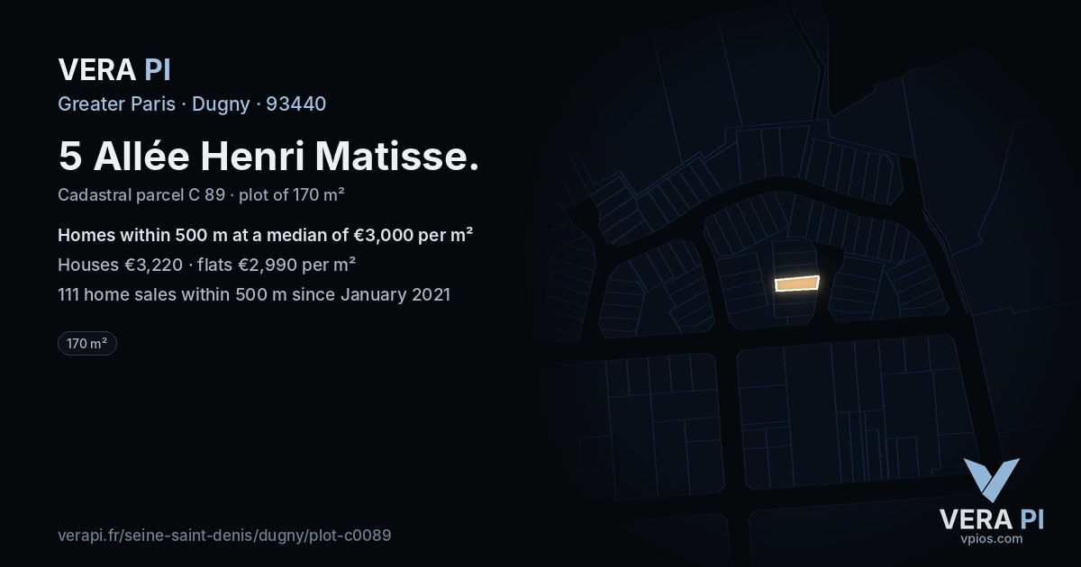 5 Allée Henri Matisse, Dugny at night – the plot lit, the parcels around coloured by the prices near them