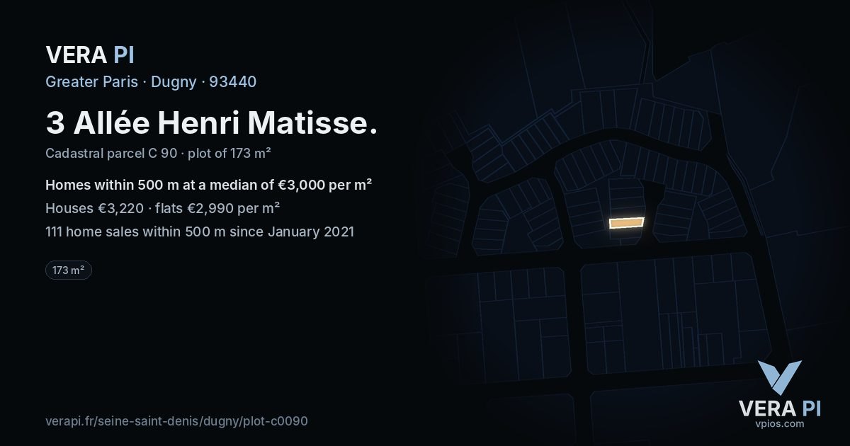 3 Allée Henri Matisse, Dugny at night – the plot lit, the parcels around coloured by the prices near them