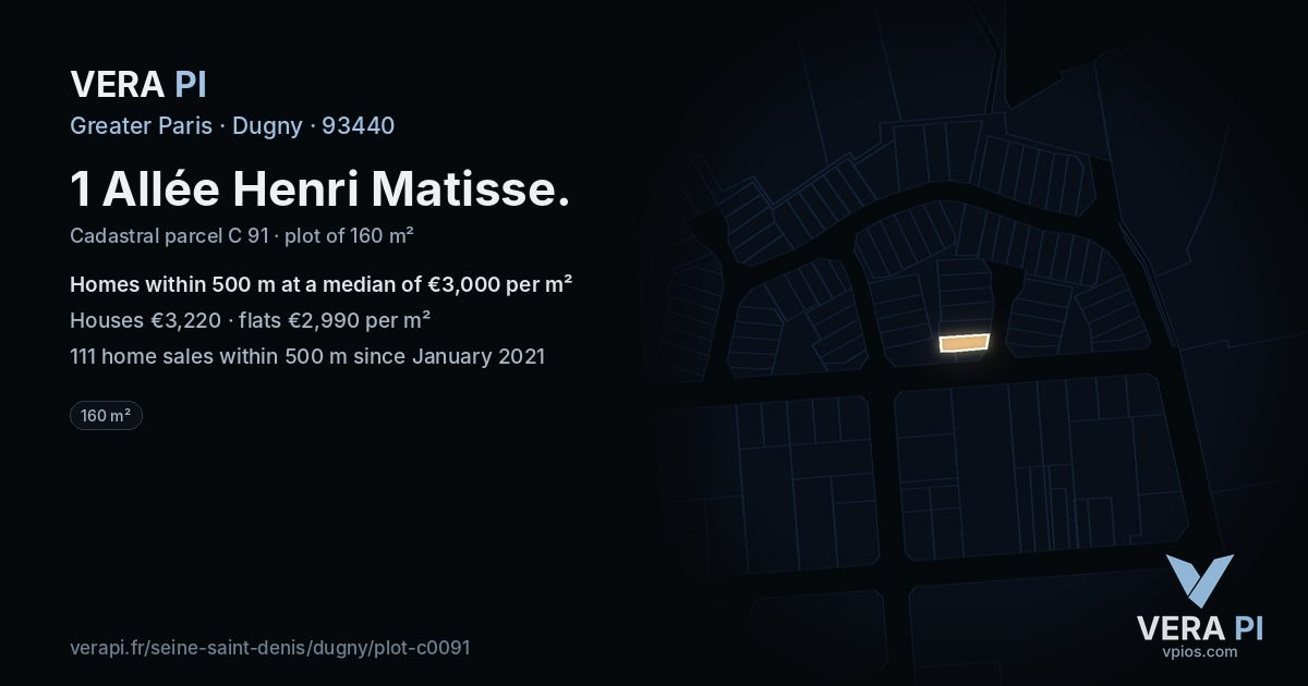 1 Allée Henri Matisse, Dugny at night – the plot lit, the parcels around coloured by the prices near them