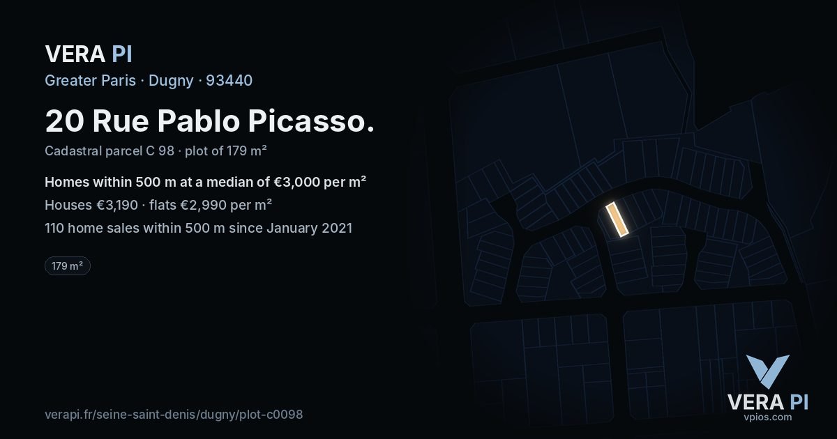 20 Rue Pablo Picasso, Dugny at night – the plot lit, the parcels around coloured by the prices near them