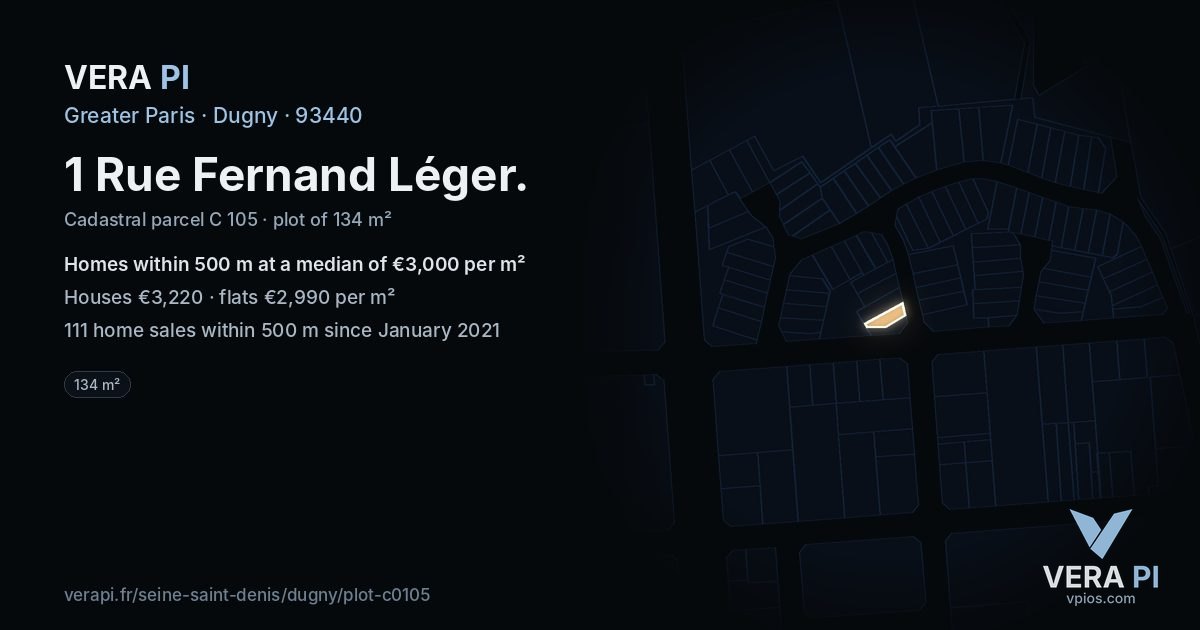 1 Rue Fernand Léger, Dugny at night – the plot lit, the parcels around coloured by the prices near them