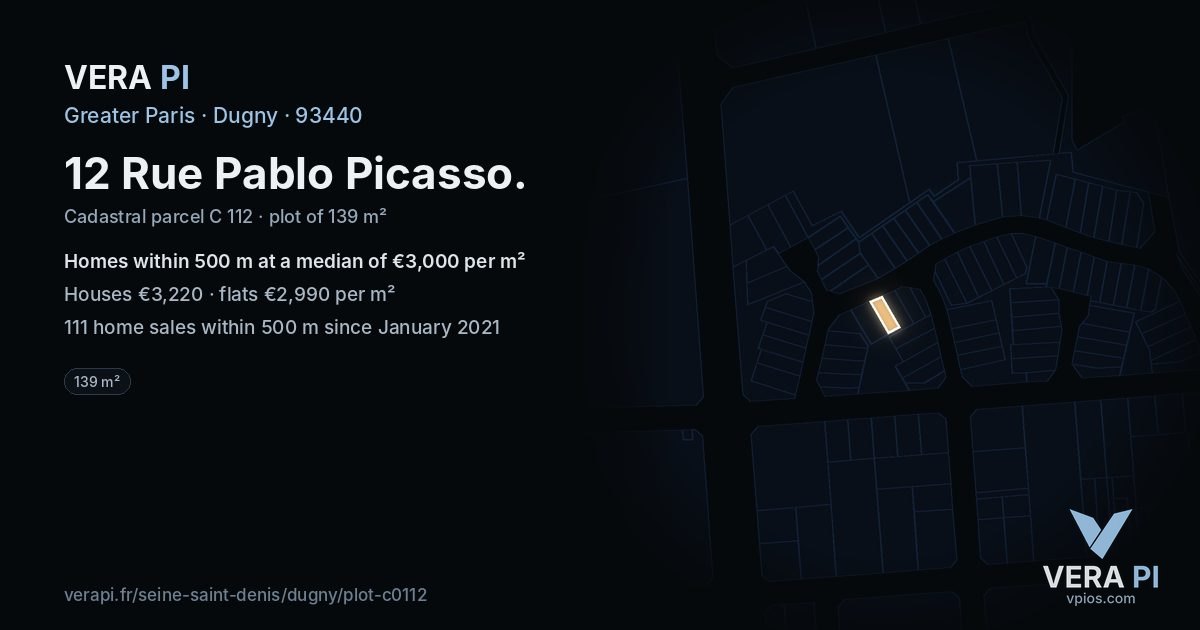 12 Rue Pablo Picasso, Dugny at night – the plot lit, the parcels around coloured by the prices near them