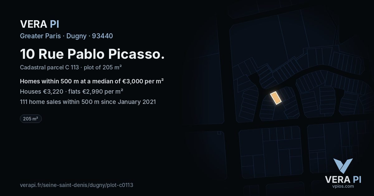 10 Rue Pablo Picasso, Dugny at night – the plot lit, the parcels around coloured by the prices near them