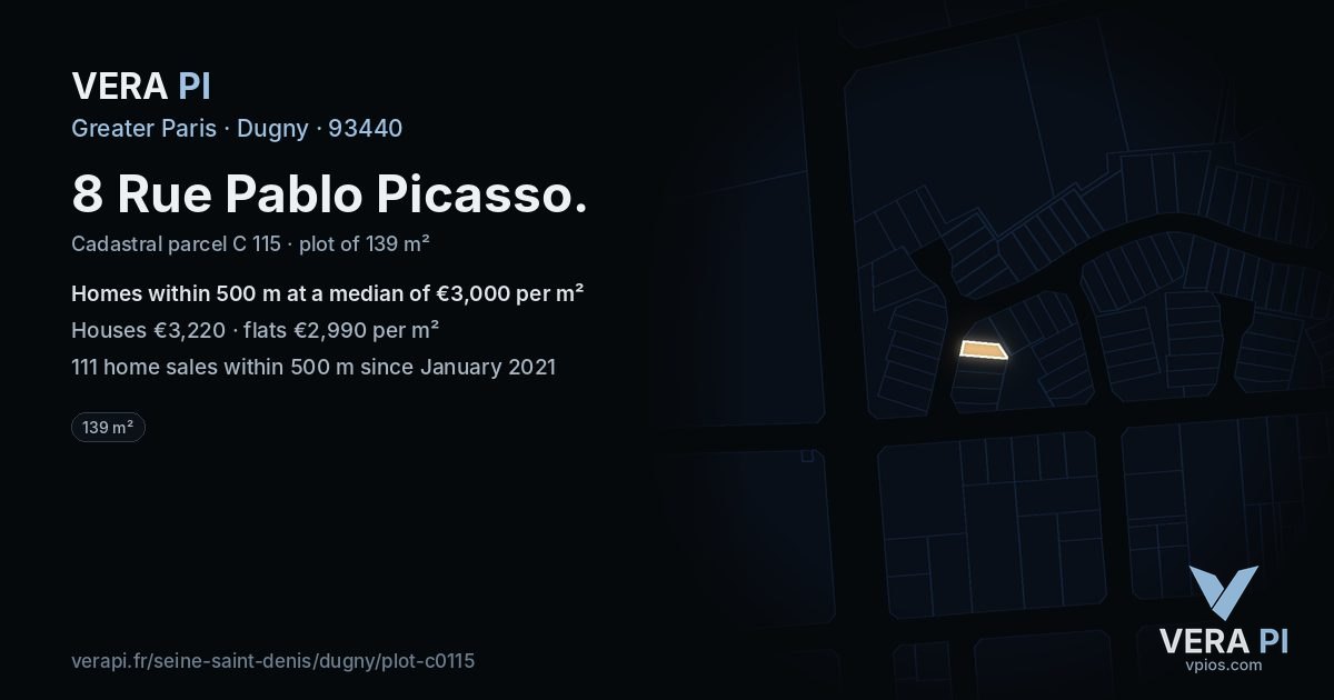 8 Rue Pablo Picasso, Dugny at night – the plot lit, the parcels around coloured by the prices near them