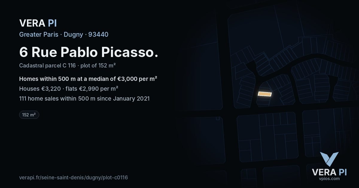 6 Rue Pablo Picasso, Dugny at night – the plot lit, the parcels around coloured by the prices near them