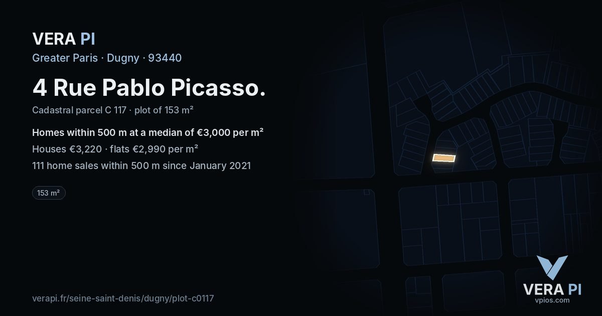 4 Rue Pablo Picasso, Dugny at night – the plot lit, the parcels around coloured by the prices near them