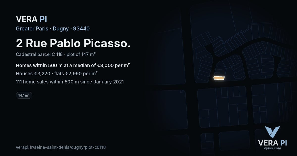 2 Rue Pablo Picasso, Dugny at night – the plot lit, the parcels around coloured by the prices near them