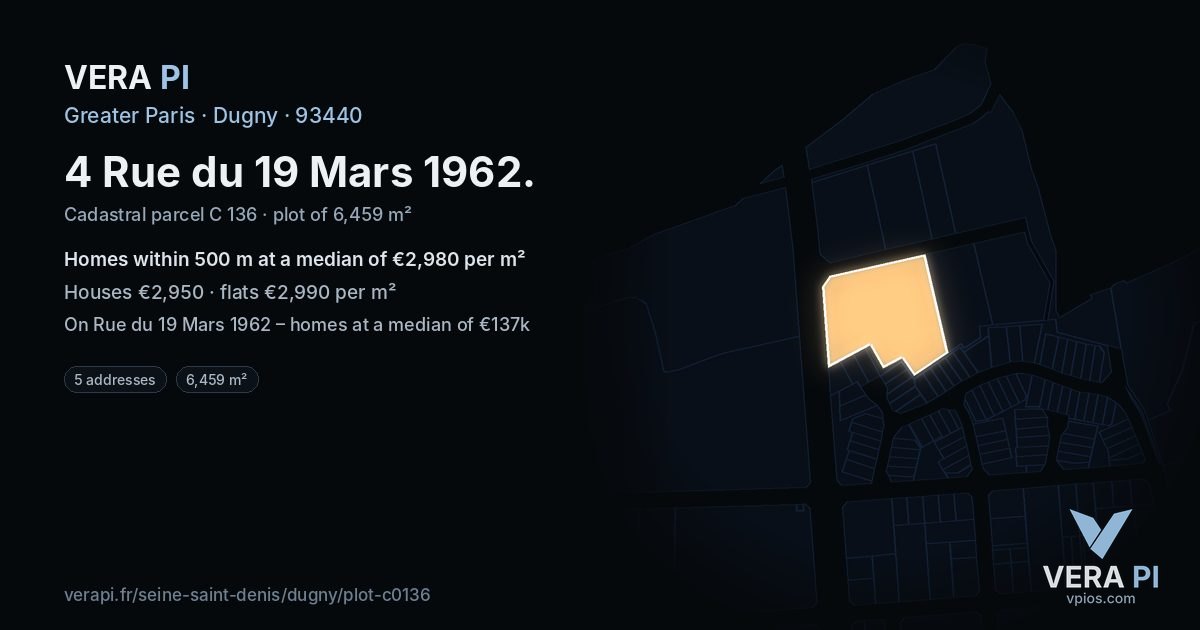 4 Rue du 19 Mars 1962, Dugny at night – the plot lit, the parcels around coloured by the prices near them