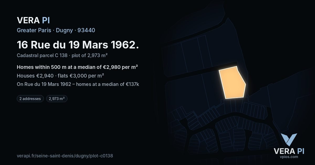 16 Rue du 19 Mars 1962, Dugny at night – the plot lit, the parcels around coloured by the prices near them