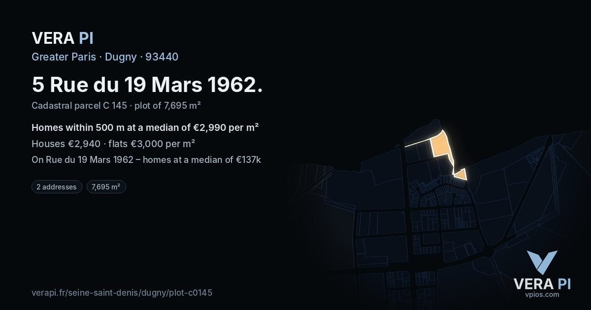 5 Rue du 19 Mars 1962, Dugny at night – the plot lit, the parcels around coloured by the prices near them
