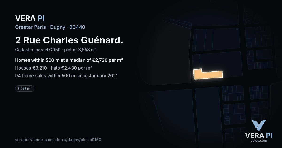 2 Rue Charles Guénard, Dugny at night – the plot lit, the parcels around coloured by the prices near them