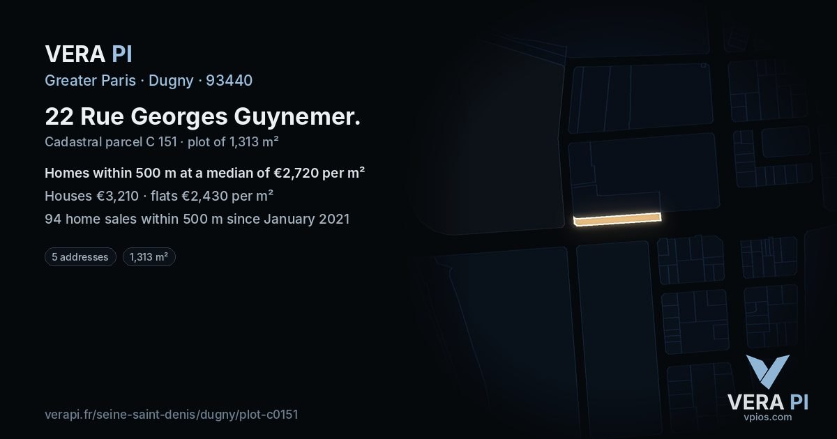 22 Rue Georges Guynemer, Dugny at night – the plot lit, the parcels around coloured by the prices near them