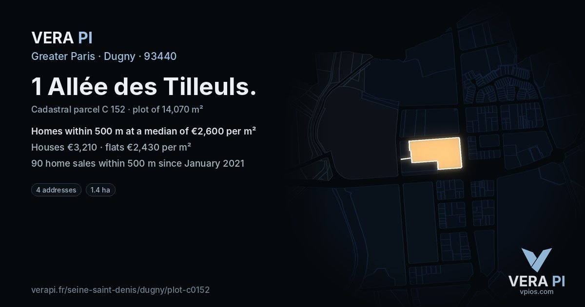 1 Allée des Tilleuls, Dugny at night – the plot lit, the parcels around coloured by the prices near them