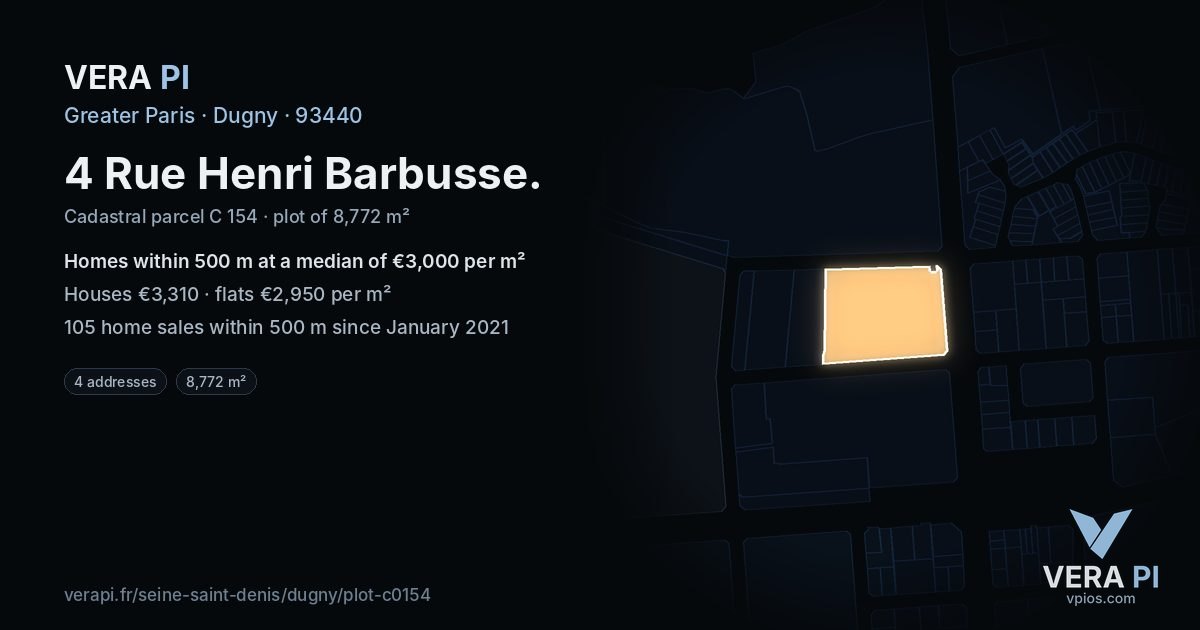 4 Rue Henri Barbusse, Dugny at night – the plot lit, the parcels around coloured by the prices near them