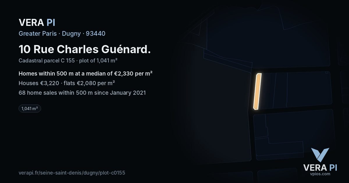 10 Rue Charles Guénard, Dugny at night – the plot lit, the parcels around coloured by the prices near them