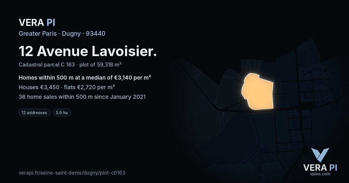 12 Avenue Lavoisier, Dugny at night – the plot lit, the parcels around coloured by the prices near them