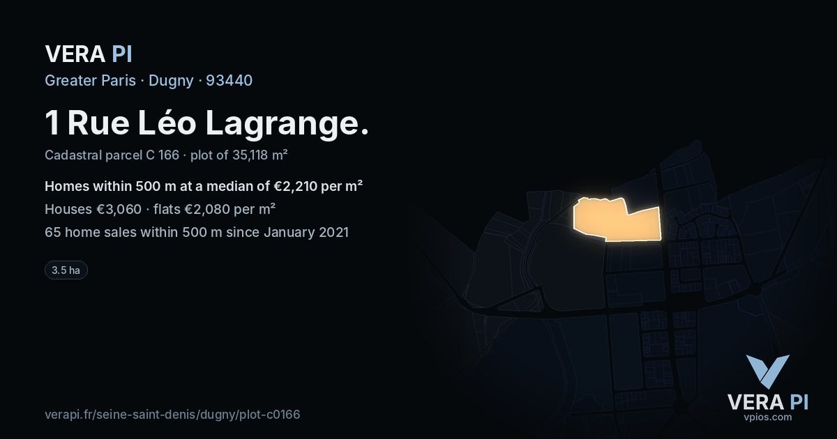 1 Rue Léo Lagrange, Dugny at night – the plot lit, the parcels around coloured by the prices near them