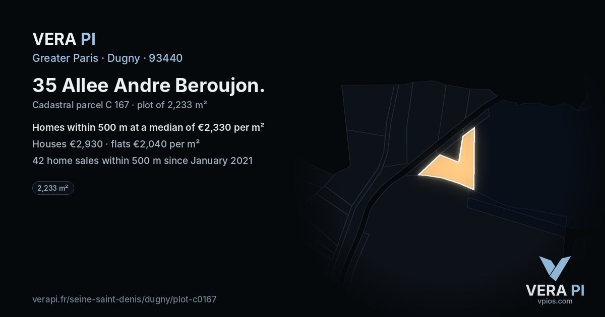 35 Allee Andre Beroujon, Dugny at night – the plot lit, the parcels around coloured by the prices near them