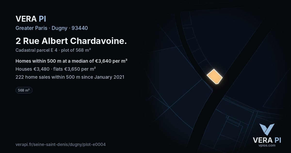 2 Rue Albert Chardavoine, Dugny at night – the plot lit, the parcels around coloured by the prices near them