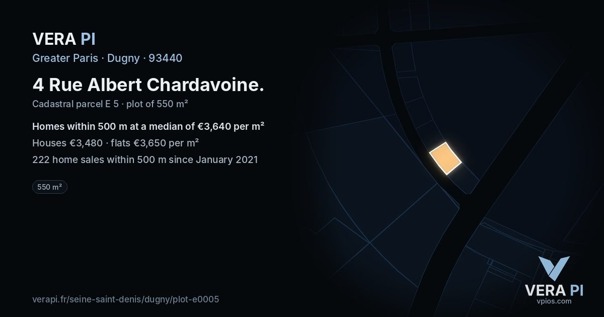 4 Rue Albert Chardavoine, Dugny at night – the plot lit, the parcels around coloured by the prices near them