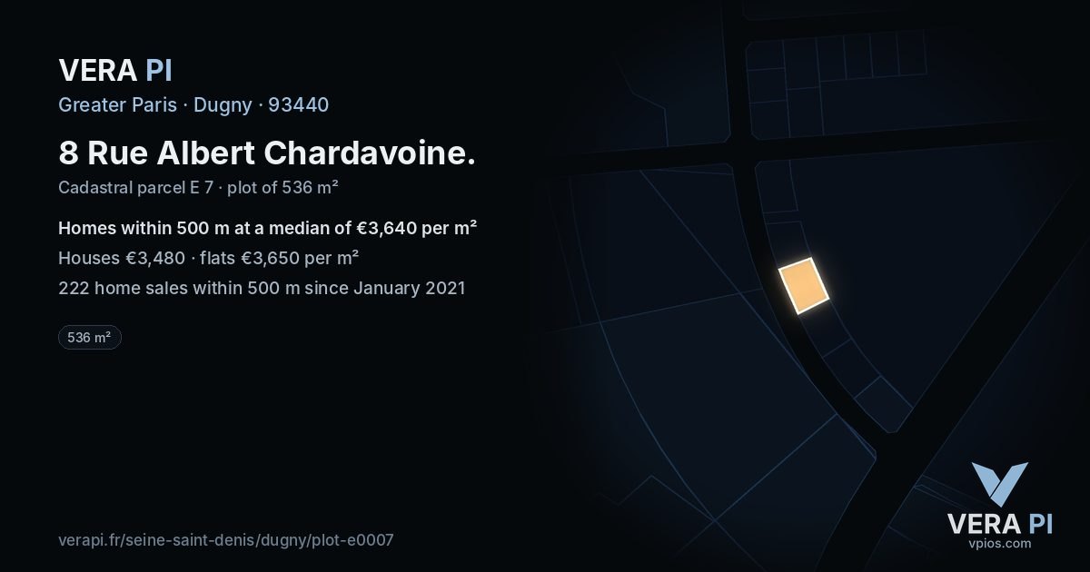 8 Rue Albert Chardavoine, Dugny at night – the plot lit, the parcels around coloured by the prices near them
