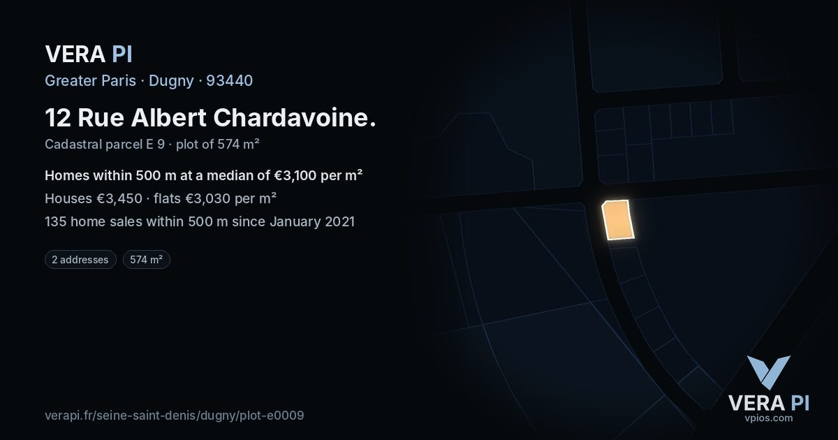 12 Rue Albert Chardavoine, Dugny at night – the plot lit, the parcels around coloured by the prices near them
